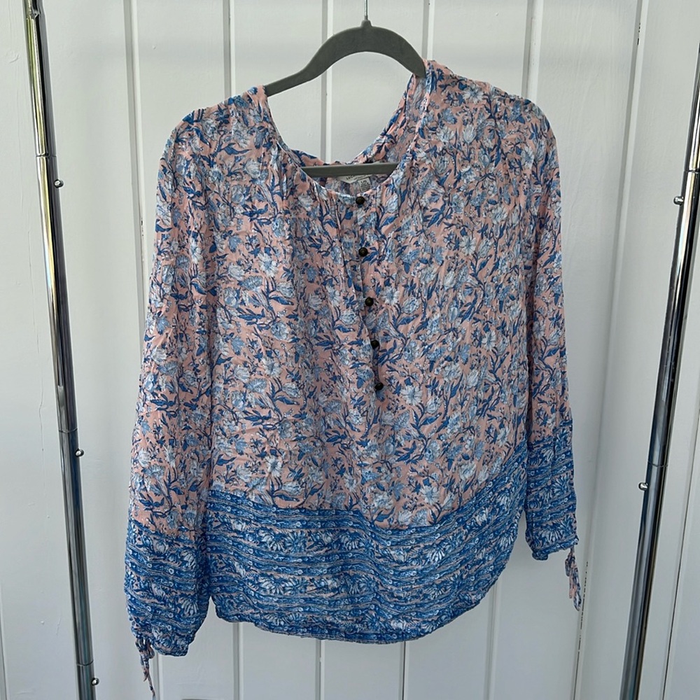 Lucky Brand Mixed Media Floral Boho Henley Peasant Blouse